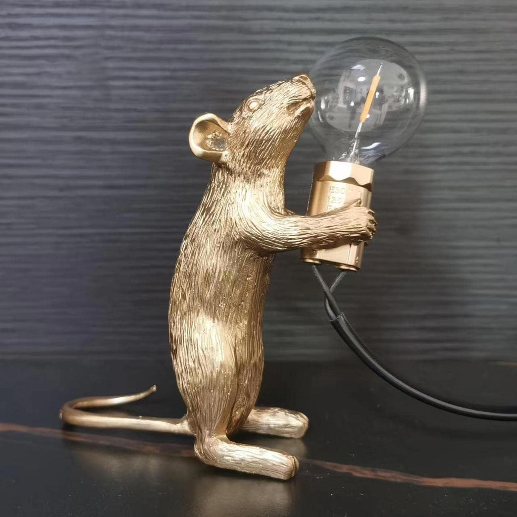 Cute Mouse Table Lamp, Gold Standing Resin Animal Desk Light with E12 LED Bulb Included, Warm Glow Mini Bedside Lamp