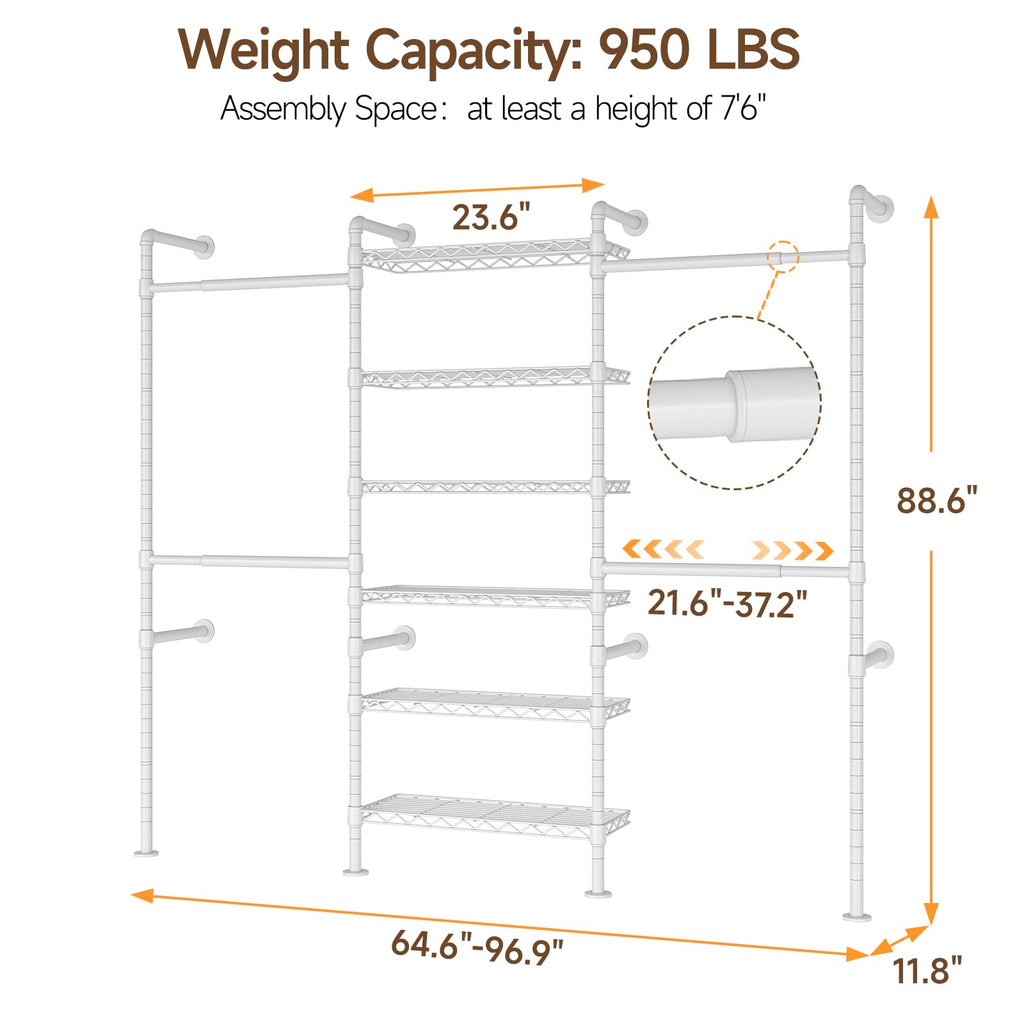 H3 Wall Mounted Closet System, Industrial Pipe Clothing Rack, White