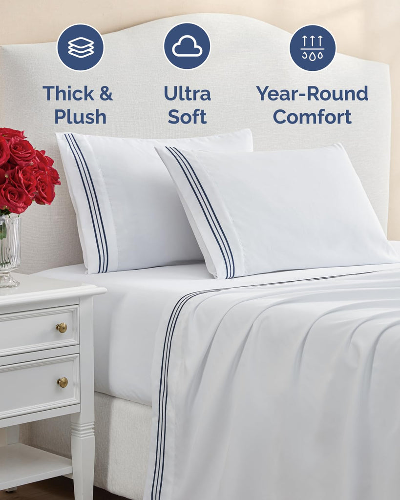Extra Thick Heavyweight, 4 Piece Embroidery Sheet Set - Navy