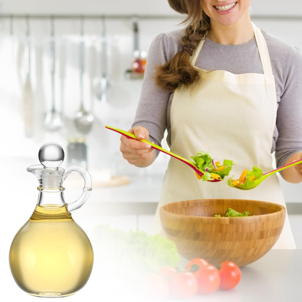 Glass Oil and Vinegar Cruets, 8oz Clear Glass Olive Oil Dispenser Bottles with Airtight Stoppers, Round - Set of 2