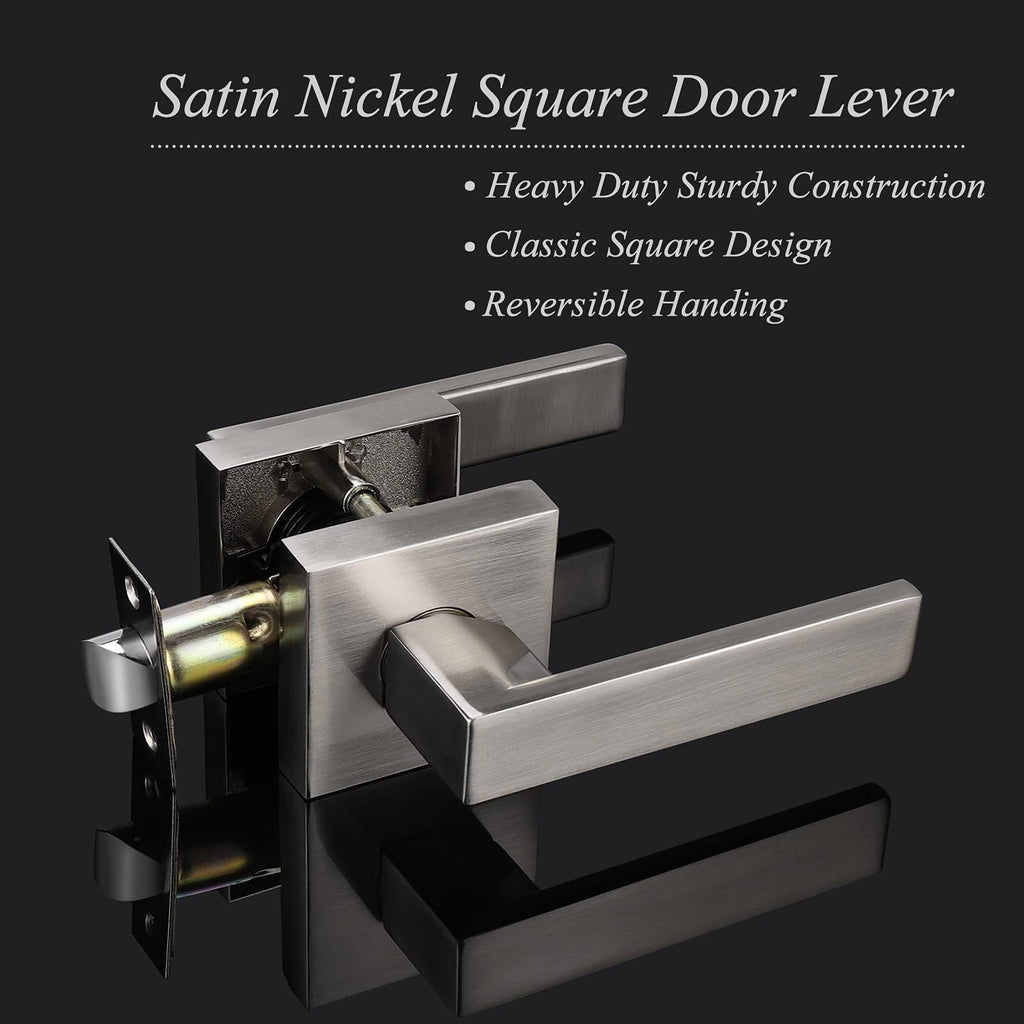 Square Brushed Nickel Passage Door Handles, Interior Non-Locking for Hall & Closet, Heavy Duty Zinc Alloy Reversible