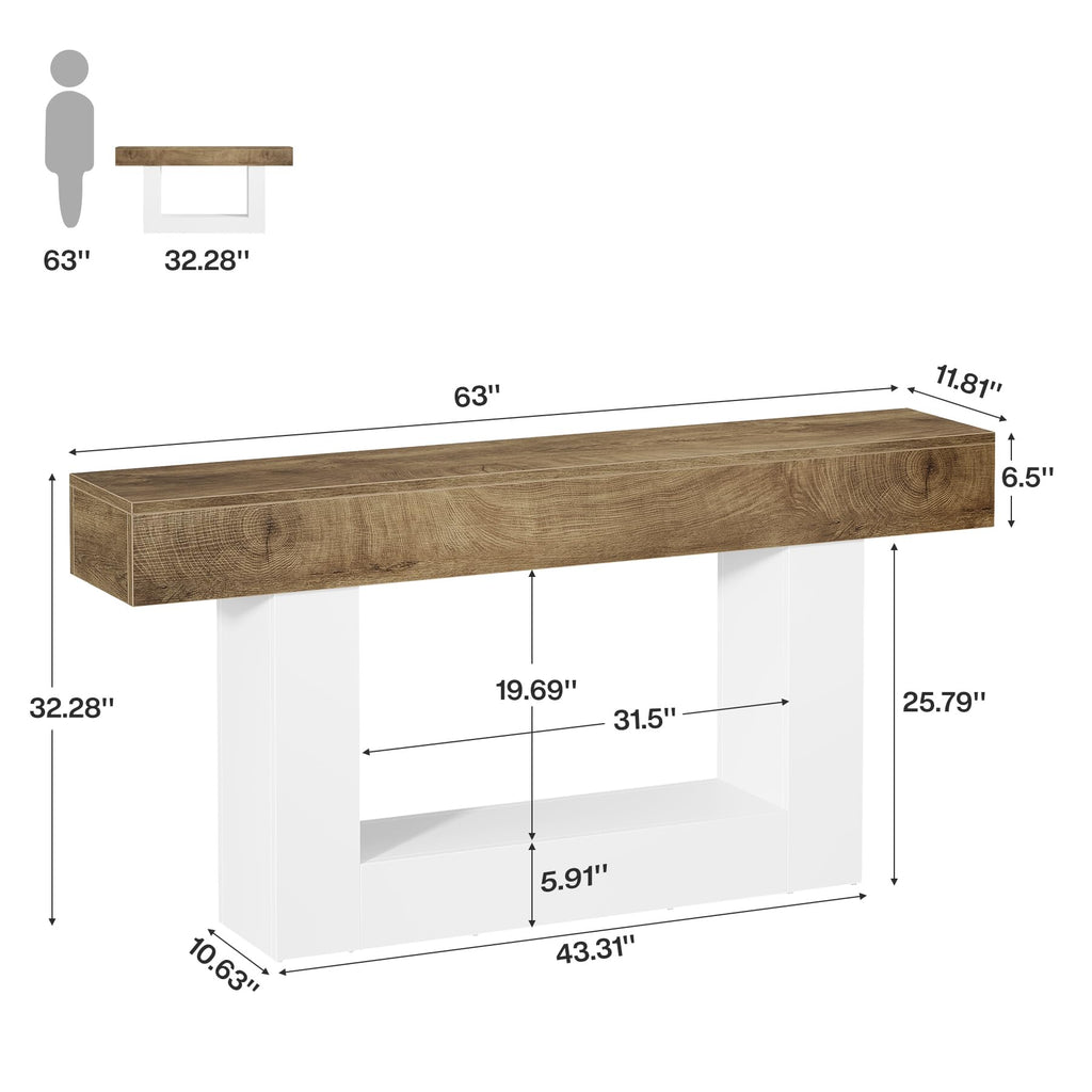 63-Inch Long Console Table, 2-Tier Entryway Table Sofa Table with Storage, Farmhouse Wood Behind Couch Table, Light