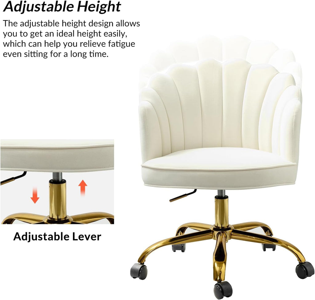 Velvet Home Office Desk Chair with Gold Base, Adjustable Swivel Task Chair for Vanity, Women's Modern Cute Shell Back