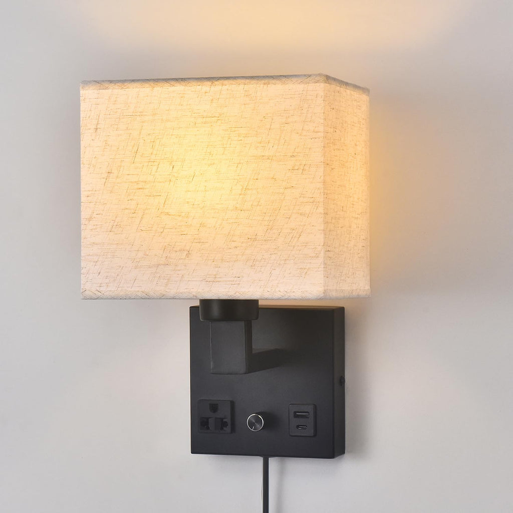 Bedside Wall Lamp, Plug in Wall Sconce - Dimmable Switch with AC Outlet & USB Charging Port, Fabric Shade, Black