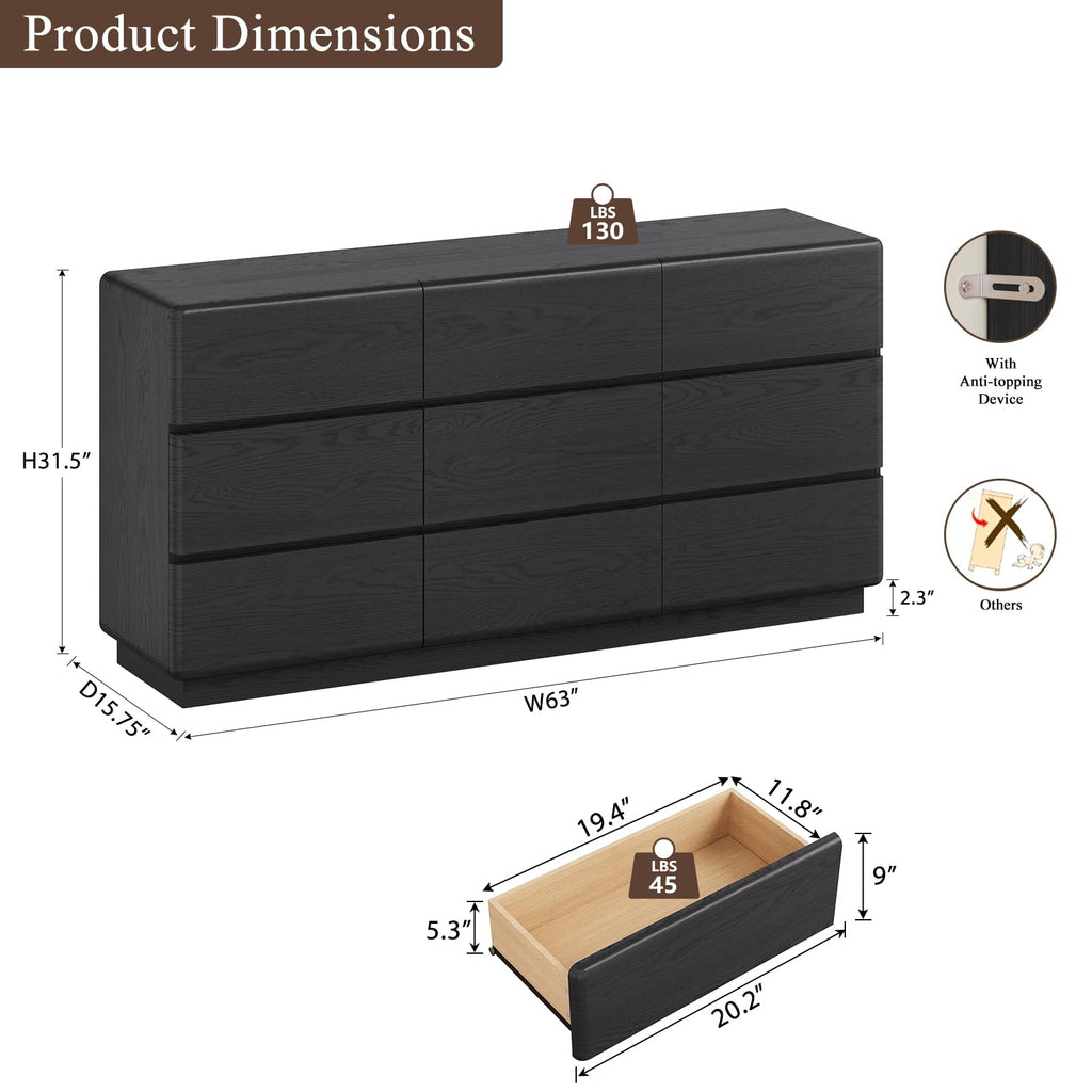 Black 9 Drawer Dresser, 63" Wide Chest of Drawers