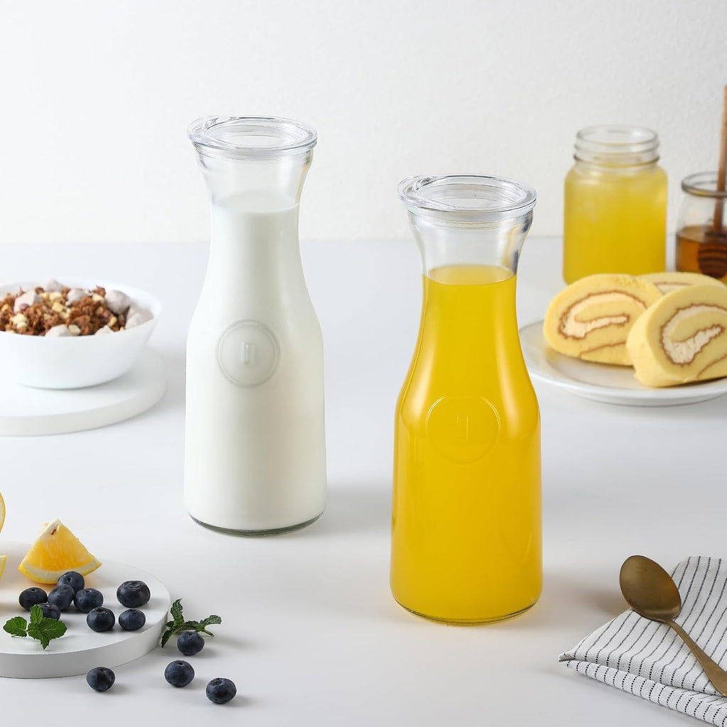 Set of 6 Glass Carafe with Lid, 1 Liter Beverage Serveware Carafe, Clear Glass Pitcher for Mimosa Bar, Brunch, Cold
