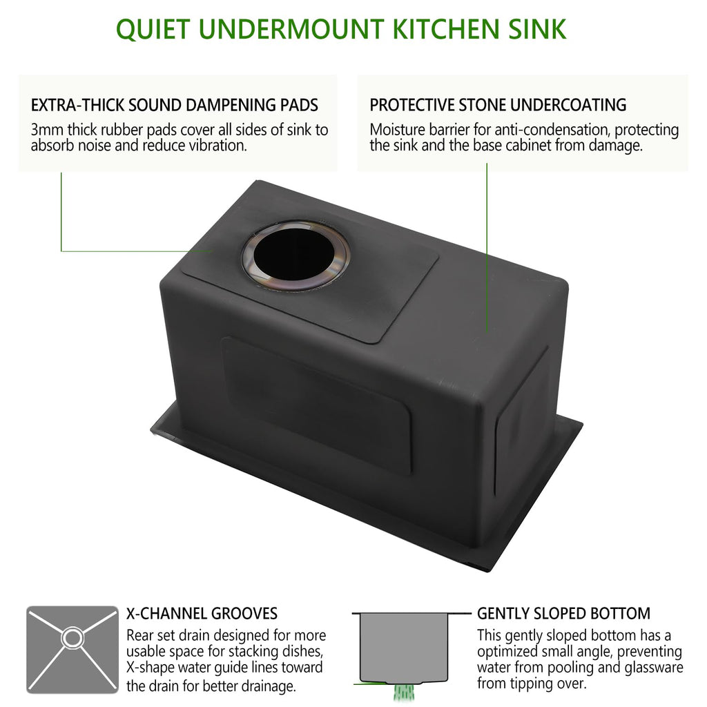 9x15 Black Undermount Small Bar Sink, 9 Inch 16Gauge Undermount Black Small Kitchen Bar Sinks