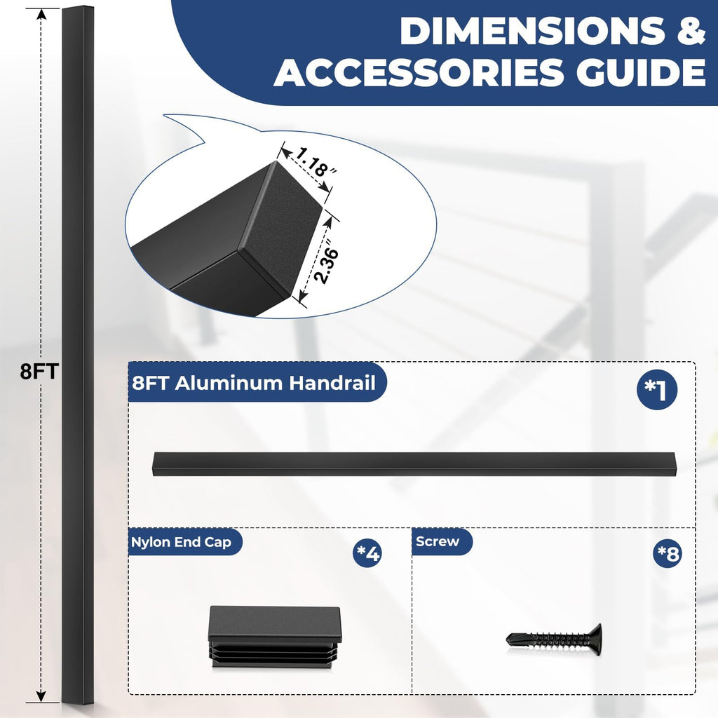 8FT Aluminum Black Handrail, Rectangular Flat Top Hand Rail Prefect for Coastal Projects, Deck Railing Top