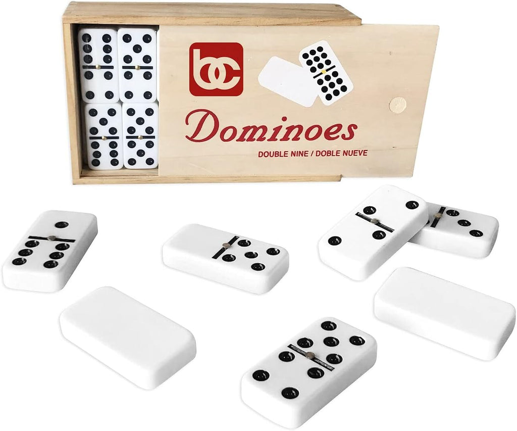 Hand Crafted Double 9 Dominoes Set with Wooden Storage Box - 55 Piece Set - Dominoes Feature Brass Spinners