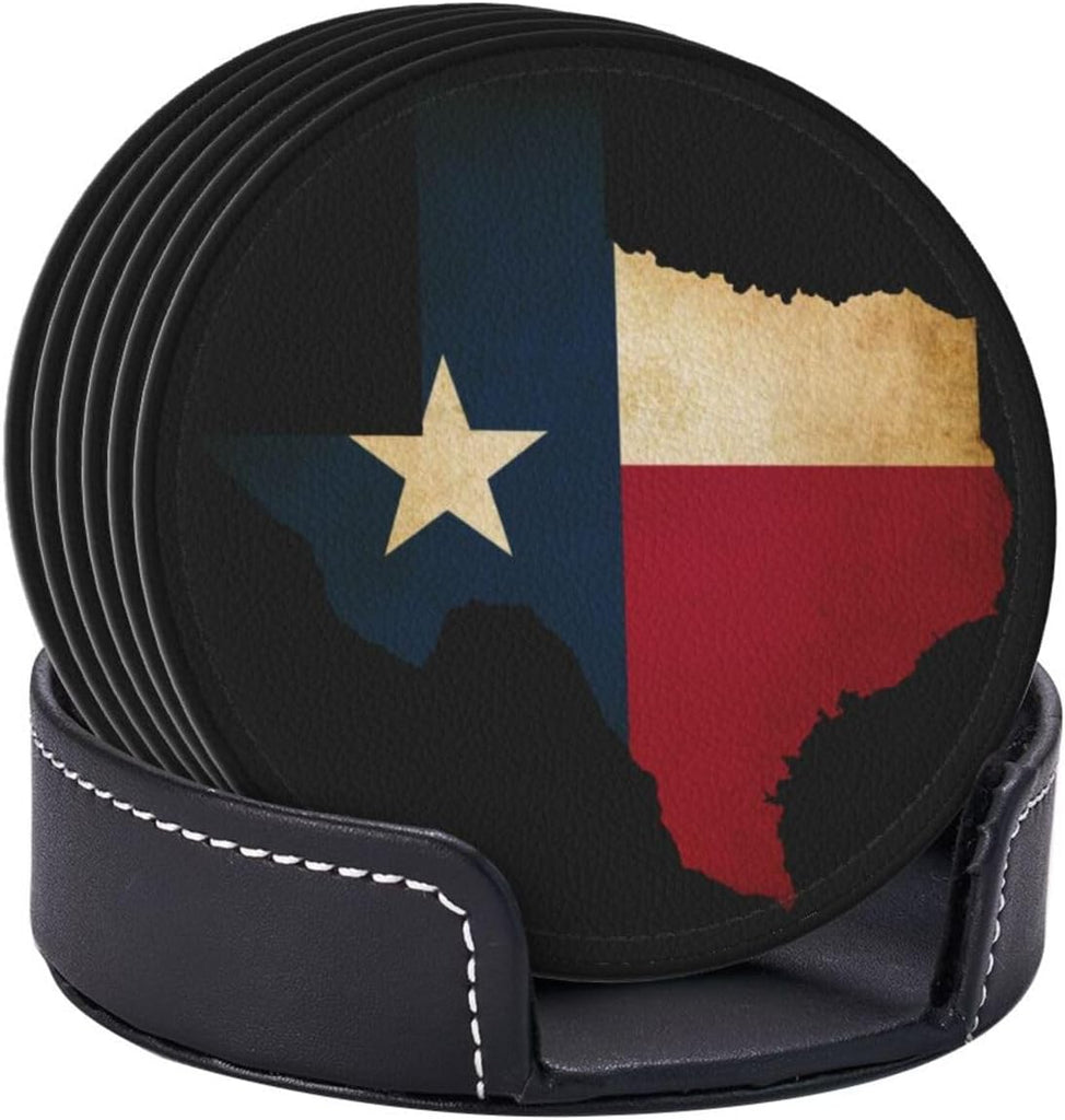 Texas Flag Coasters for Drinks with Holder Round Leather Coasters Cups Mugs Mat Pad Kitchen Bar - Set of 6