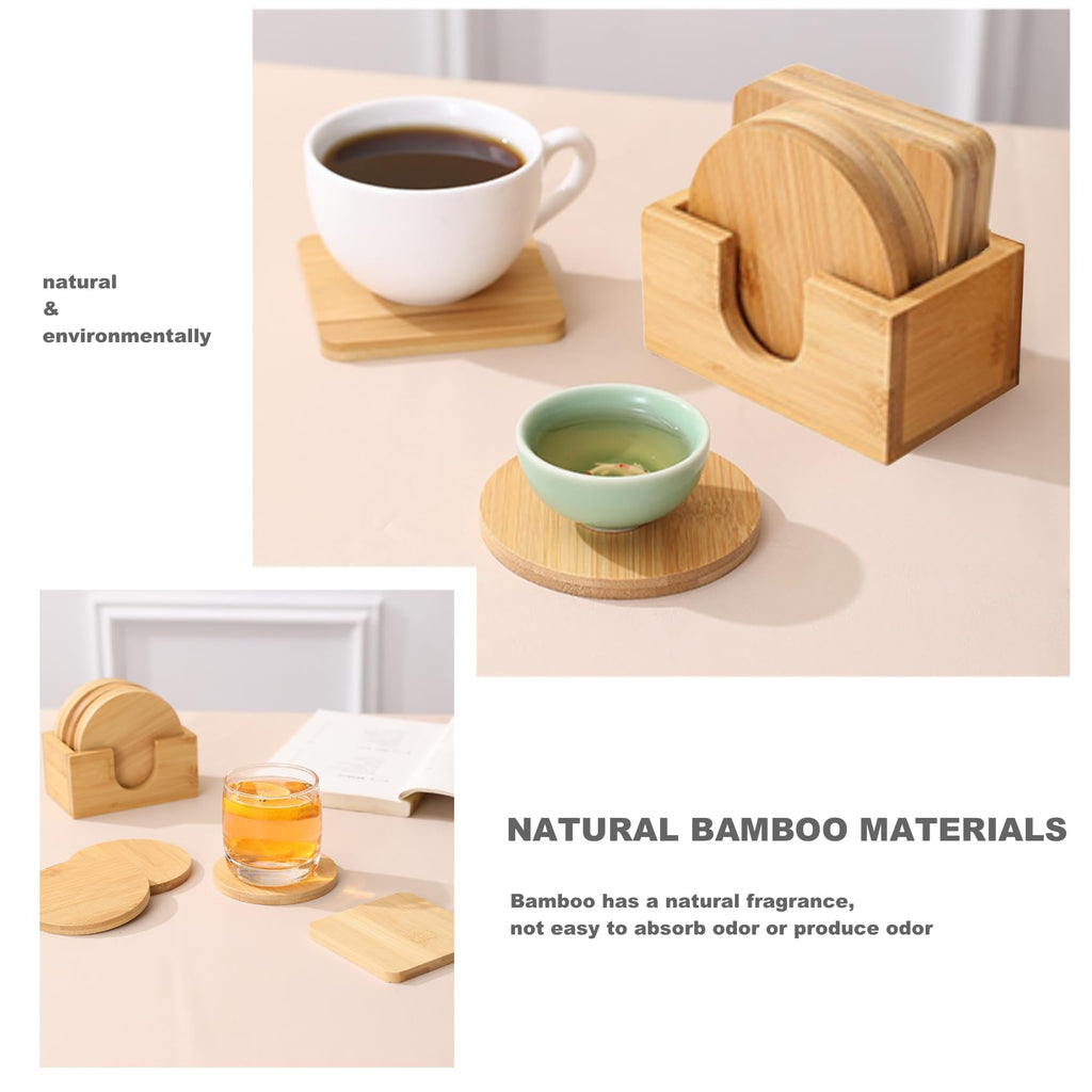 Bamboo Coasters Set of 6 with Holder, Table Protection Coasters