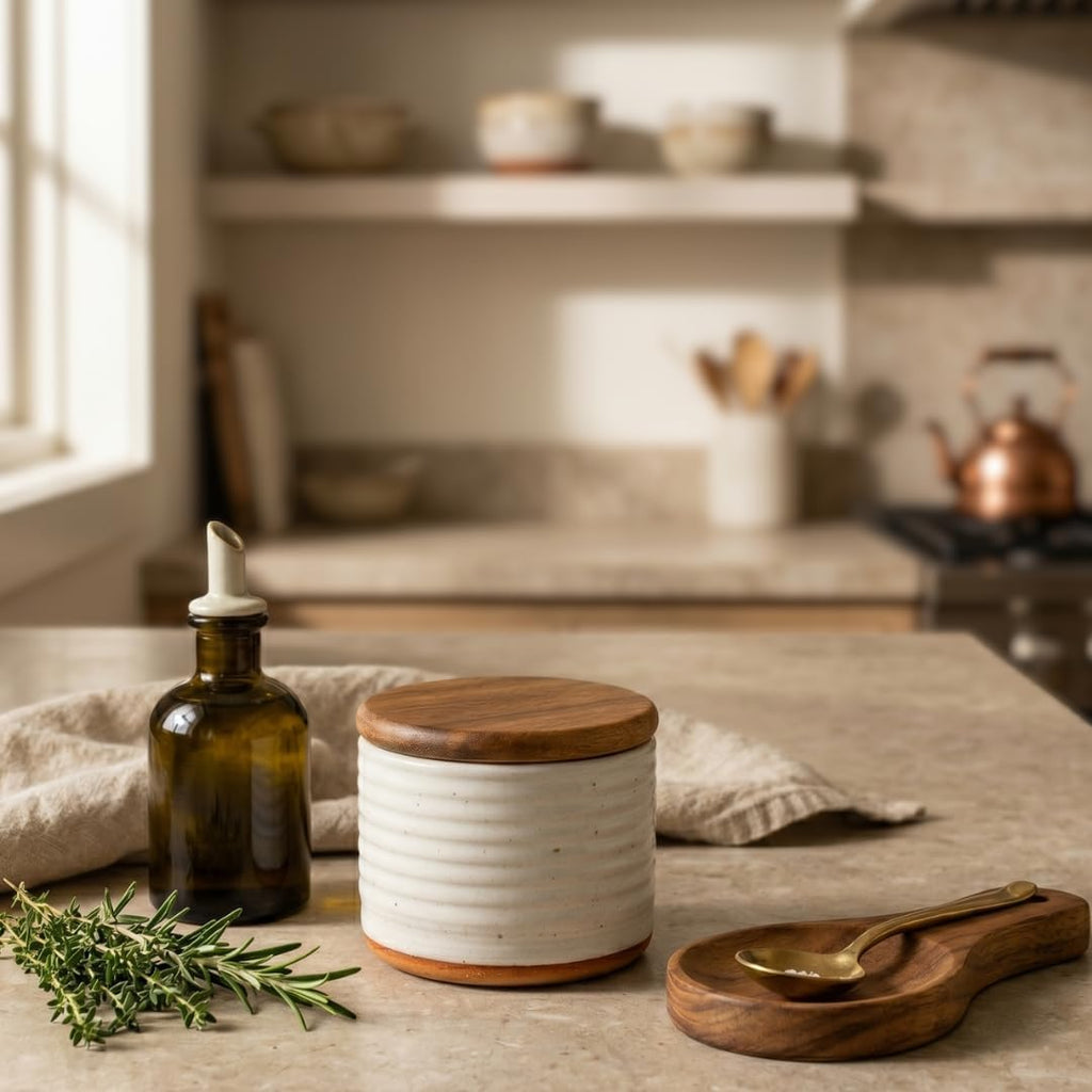 Ceramic Salt Cellar with Acacia Wood Lid & Natural Clay Base