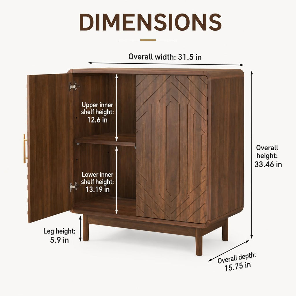 31.5" Walnut Credenza Sideboard Buffet Cabinet, 2 Doors, Kitchen | Carved panels, Gold pulls, Arched Doors, raised
