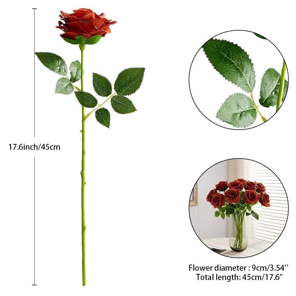 50pcs Burnt Orange Roses Artificial Flowers Bulk, Fake Roses Silk Flower with Stems Realistic Flowers for Wedding