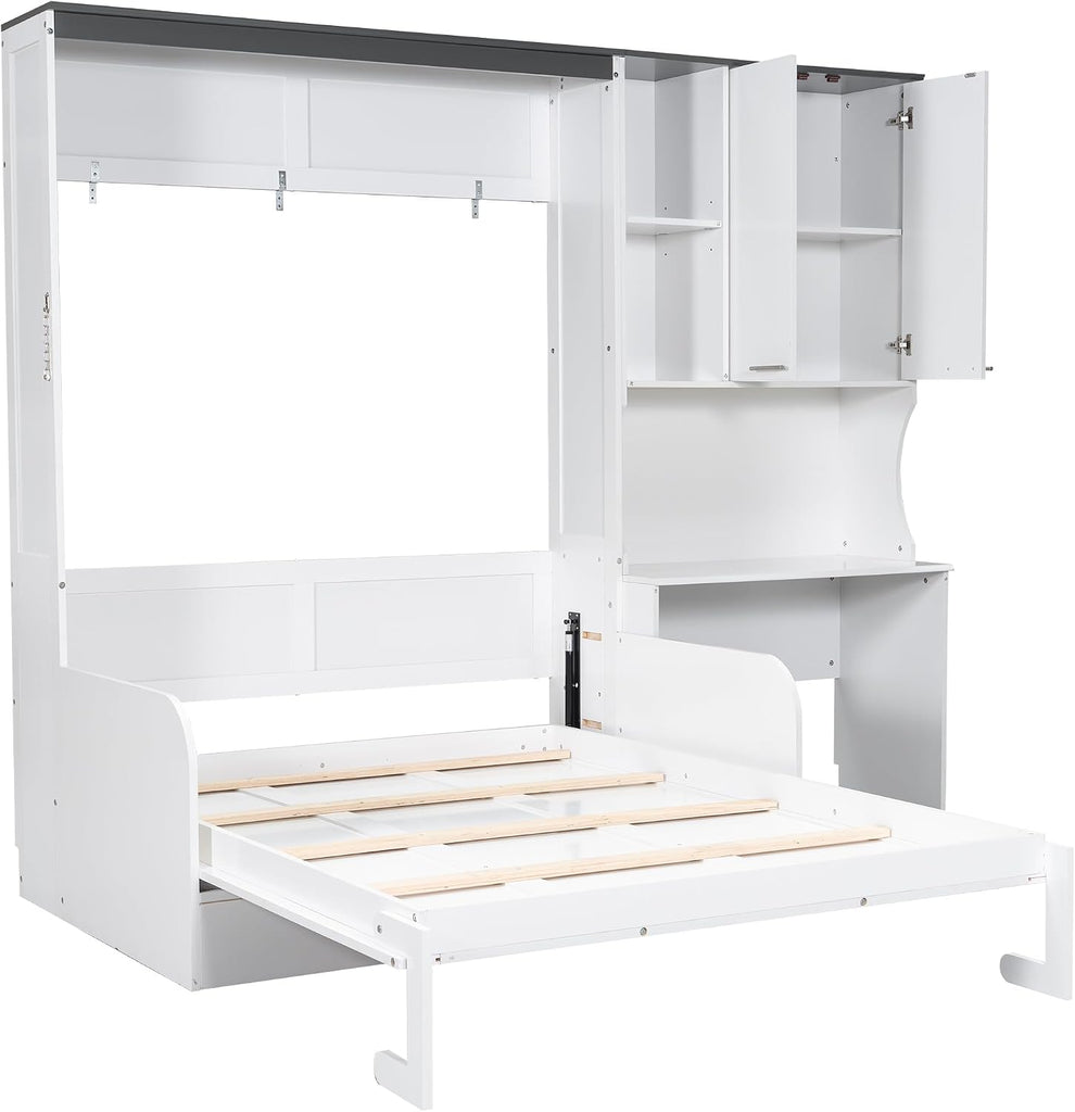 Queen Wood Murphy Bed with Upholstered Sofa & Desk, Multifunctional Foldable Wall Platform Bed for Guest-Room