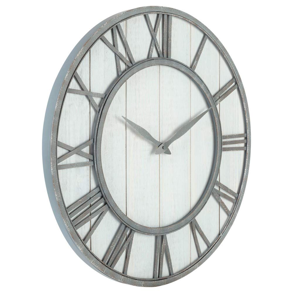 Farmhouse Metal & Solid Wood Noiseless Wall Clock (Whitewash, 24-inch)