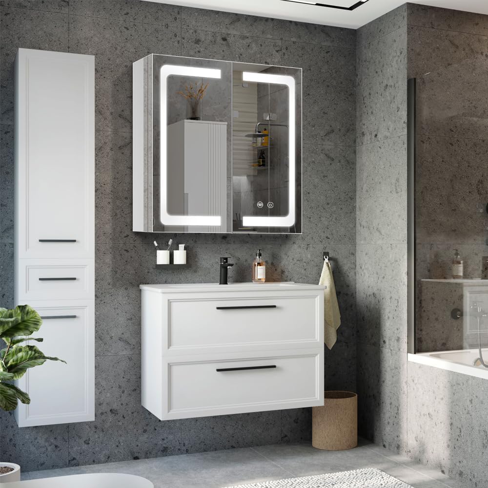 Stainless Steel LED Medicine Cabinet,Bathroom Mirror Cabinet with Light,3 Color,Dimmable,Equipped with Defogger,USB