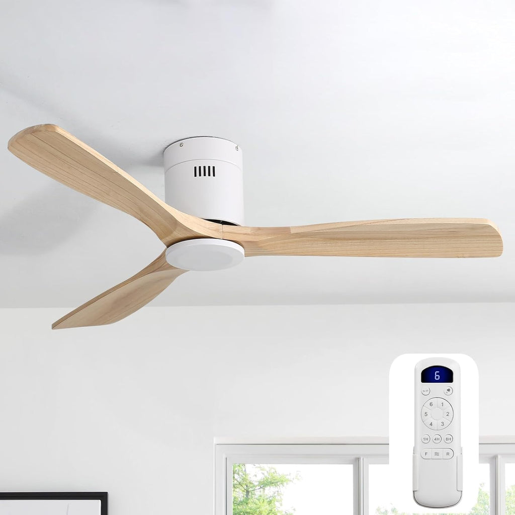 52 Inch Solid Wood Ceiling Fan Without Lights Flush Mount Ceiling Fans with Remote Control