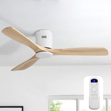 52 Inch Solid Wood Ceiling Fan Without Lights Flush Mount Ceiling Fans with Remote Control