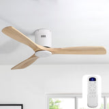 52 Inch Solid Wood Ceiling Fan Without Lights Flush Mount Ceiling Fans with Remote Control