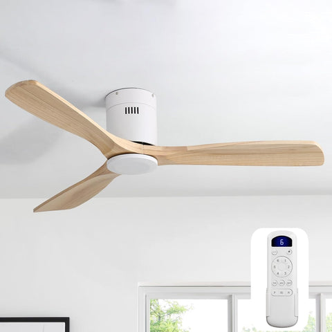 52 Inch Solid Wood Ceiling Fan Without Lights Flush Mount Ceiling Fans with Remote Control