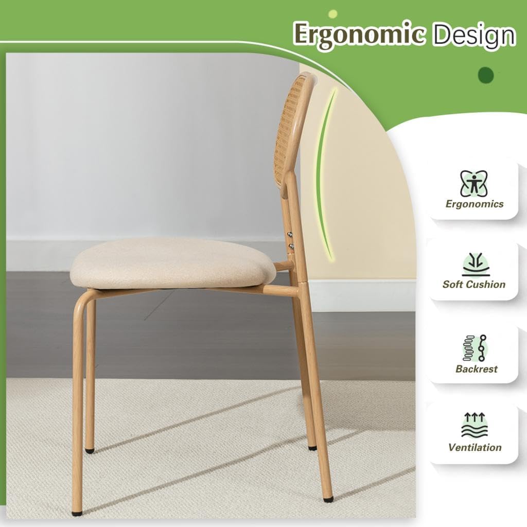 Boho Dining Chairs Set of 4 with Rattan Back, Upholstered Cane Seats, Metal Legs - Perfect for Dinner, Living Room