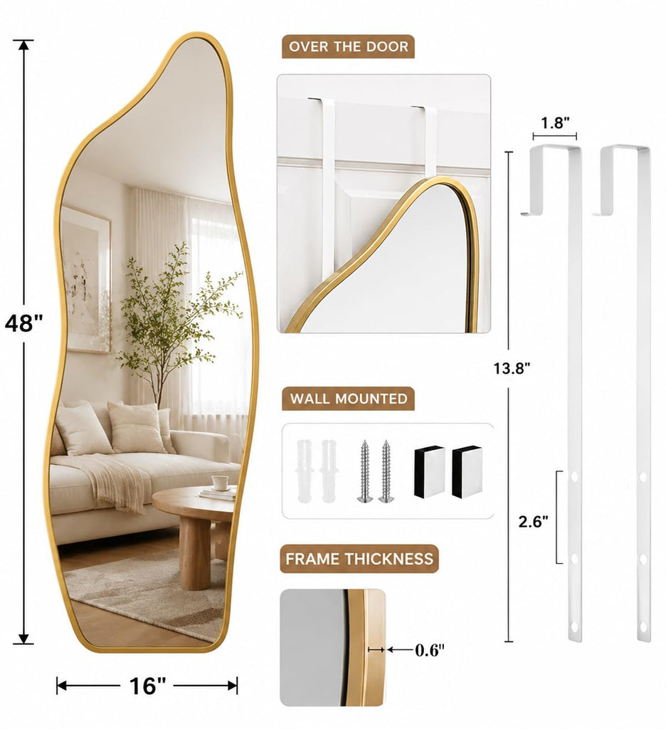 Full Length Door Mirror, 48"x16" Wall Mounted Mirror, Gold