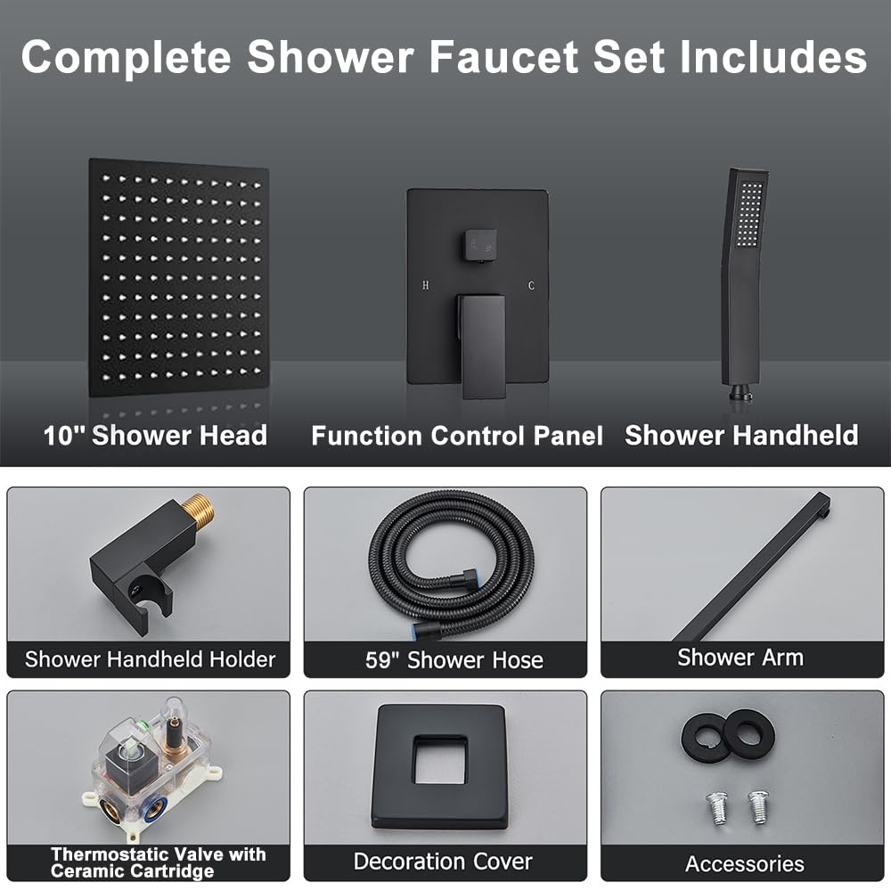 Black Shower System - 10" Rain Shower Head & Handheld Combo, Complete Shower Faucet Set with Rough-in Brass Valve &