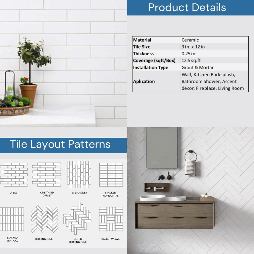 White 3x12 Glossy Ceramic Subway Tile - 50 Pcs (12.5 Sqft) Backsplash, Bathroom Shower Walls, Accent Decor, Easy