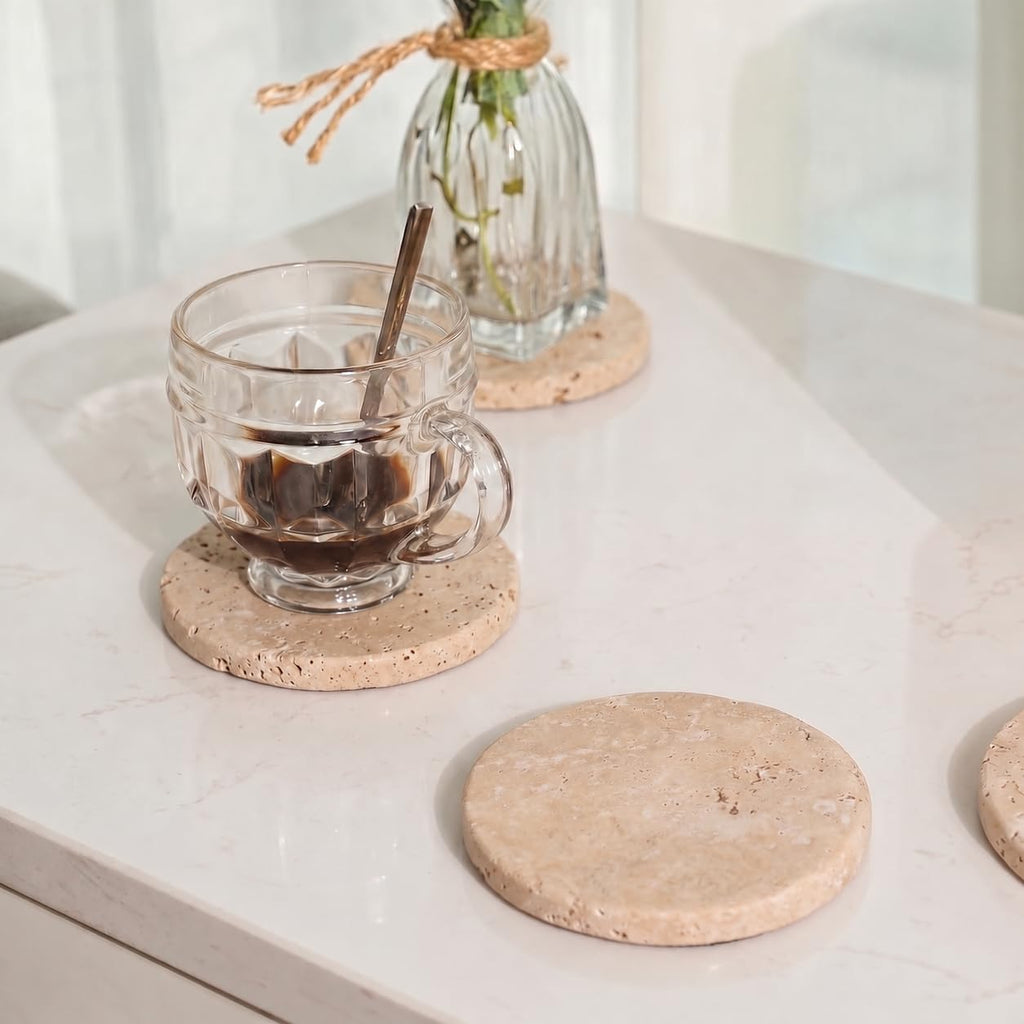 Travertine Coasters Set of 6 for Drinks, 3.5 Inch Round Coaster