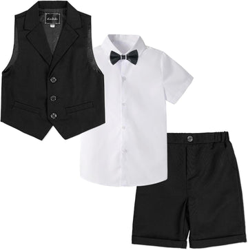 4Pcs Boys Suit, Kids Summer Dress Outfits Shirt Vest Shorts Bow Tie