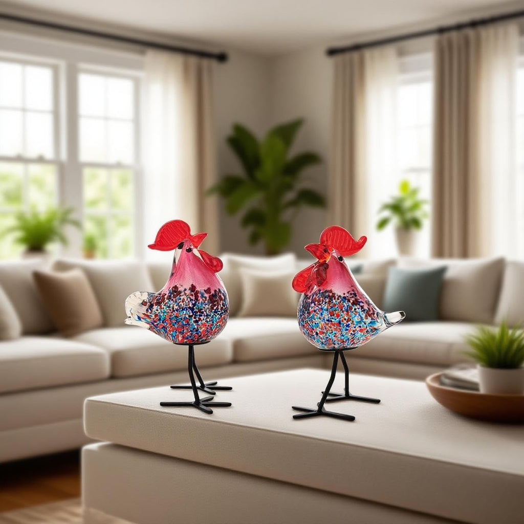 Chicken Lovers Gift:Hand Blown Glass Chicken Figurine, Murano Style Glass Rooster Decor for Farmhouse Kitchen