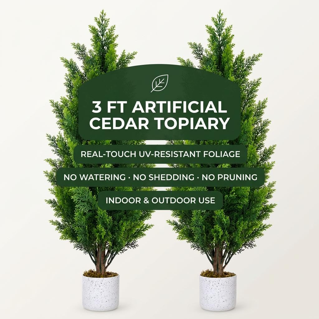 3FT Artificial Cedar Topiary Trees Set of 2, with Planter