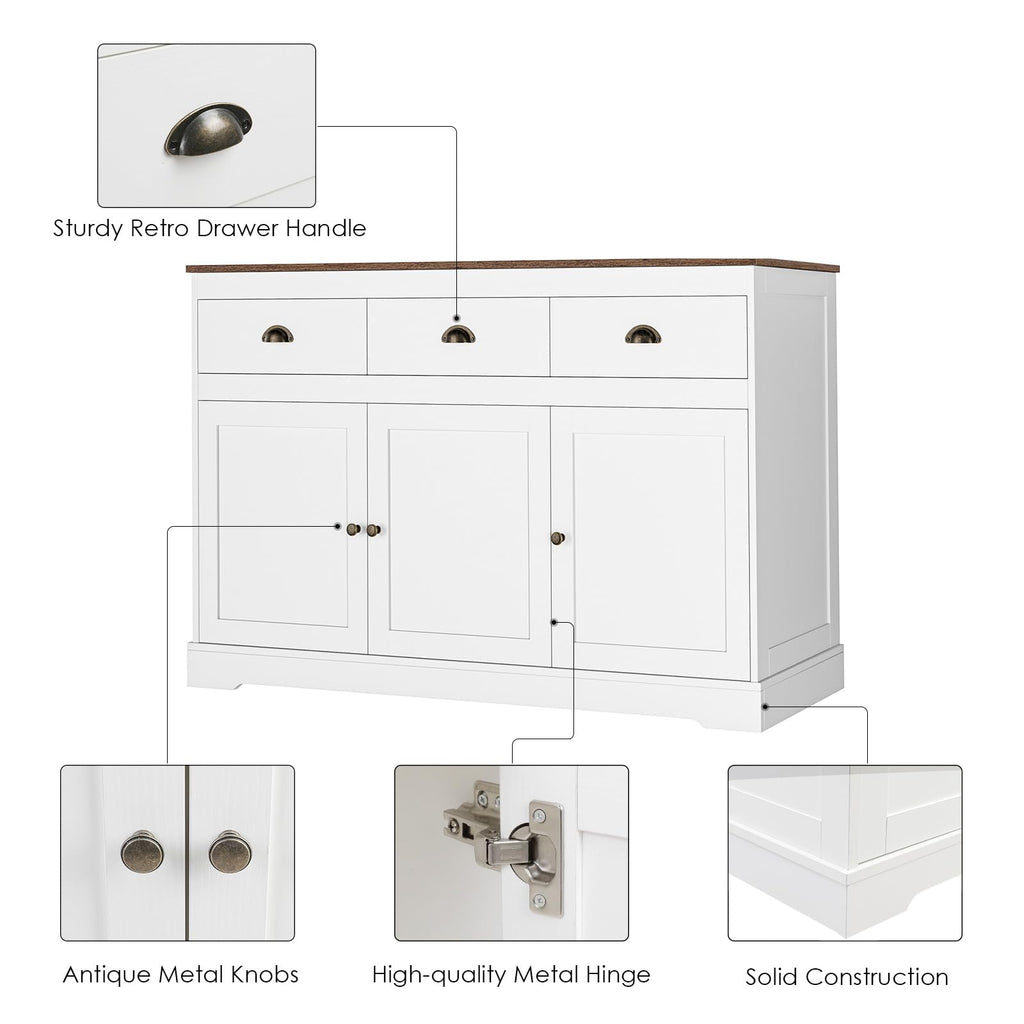 White Buffet Cabinet Storage Sideboard Farmhouse Server Bar Wine Cabinet with 3 Drawers & 3 Doors Adjustable Shelves