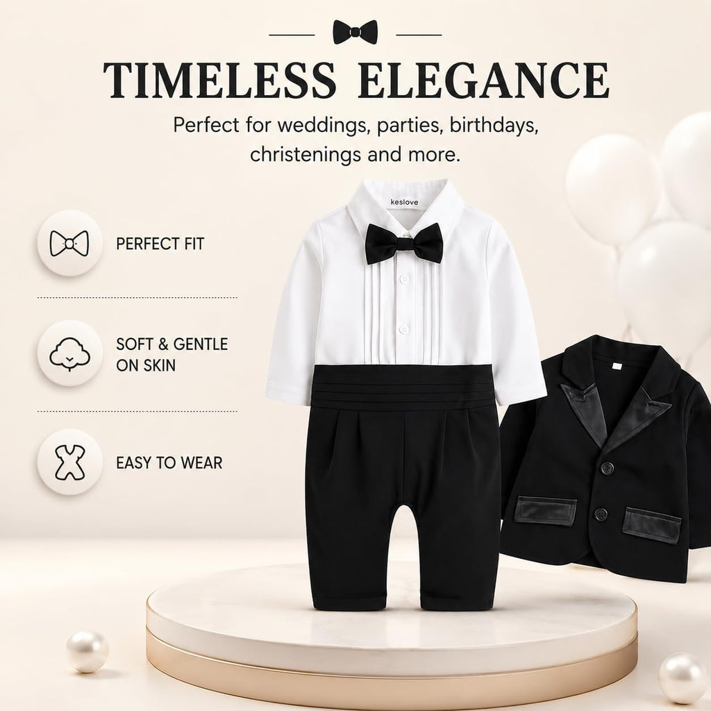Toddler Boy Formal Tuxedo Outfit Piece Set with Bow Tie & Blazer, Infant Baby Gentleman Suit
