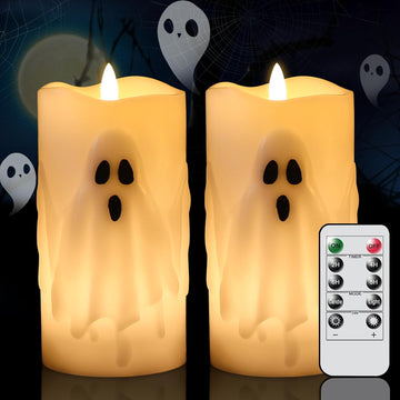 Halloween Ghost Flameless Pillar Candles with Remote Timer - Set of 2