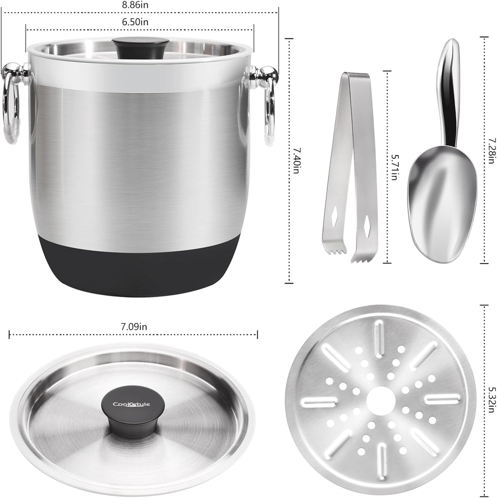 Double-Wall Stainless Steel Insulated Ice Bucket With Lid & Ice Tong [3 Liter] Included Strainer Keeps Ice Cold &