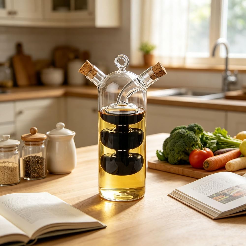 Olive Oil and Vinegar Dispenser Cruet Bottles, 2 in 1 Transparent Dual Glass Cooking Container