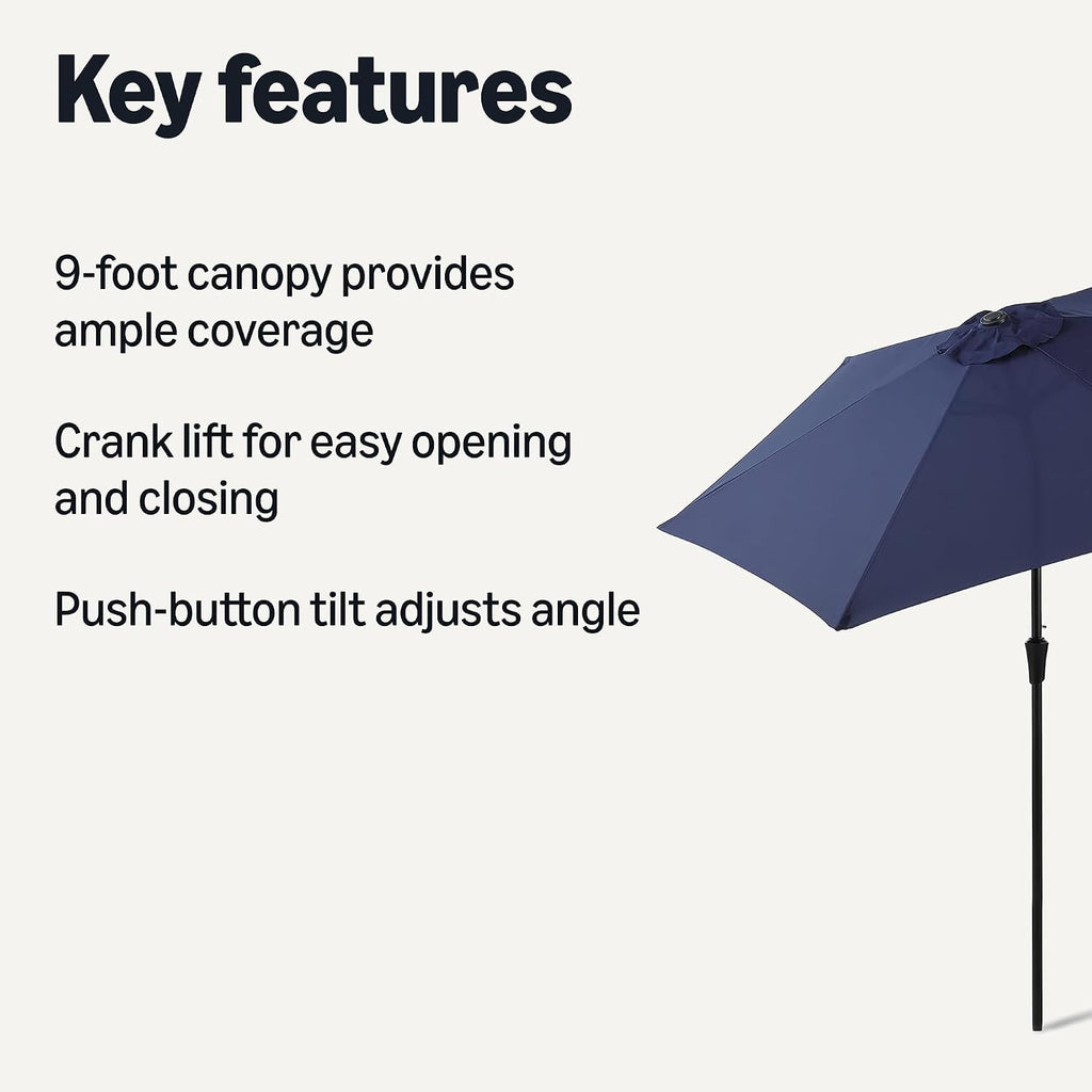 Patio Umbrella with Crank Lift and Push Button Tilt, 9 Foot, Navy, Aluminum Pole with Steel Ribs
