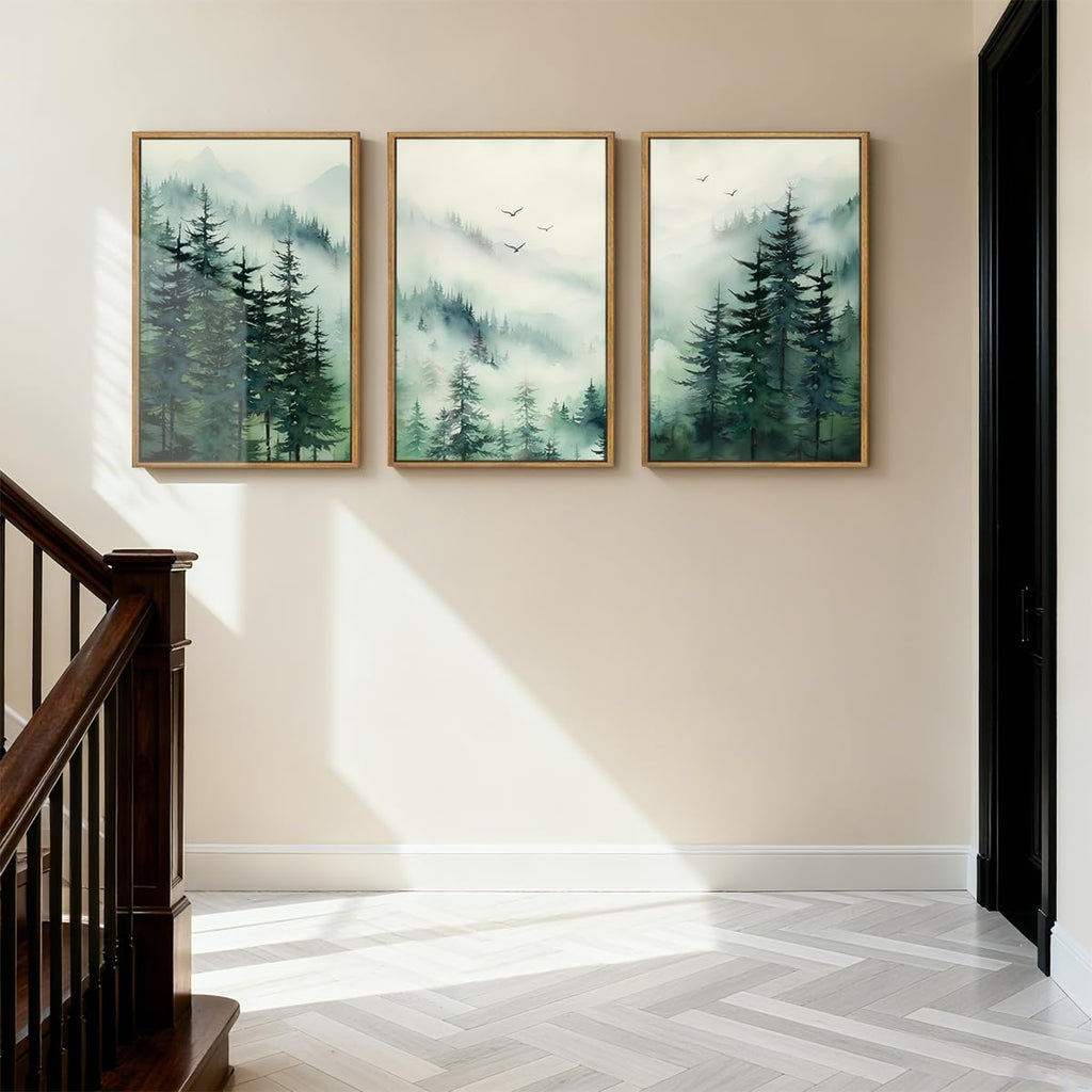 Large Foggy Forest Wall Art Decor Framed Abstract Misty Mountain Artwork Prints Bedroom Office 16x24 Inch Set of 3