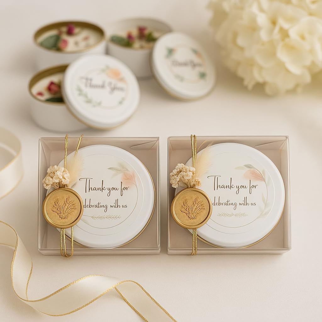 Wedding Candle Favor Set with Gift Box - Personalized Soy Wax Candles with Gold Seal & Gold String, Dried Flowers - Set of 10