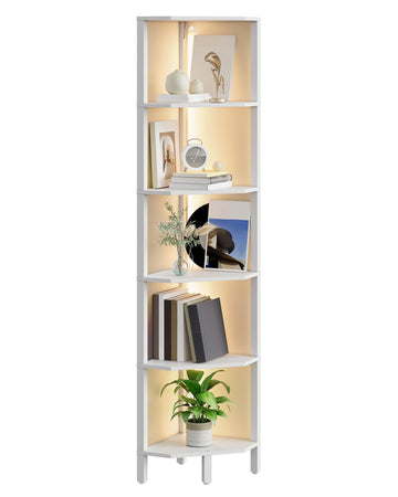LED Corner Shelf with Lights, 5-Tier Diamond Shape Bookshelf, Standing Narrow Storage Organizer, Study, White