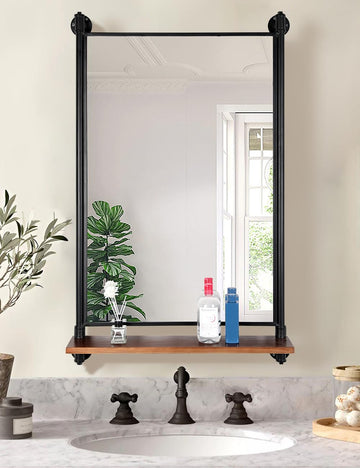 Industrial Pipe Wall Mirror with Shelf, Rustic Bathroom Mirror with Shelves