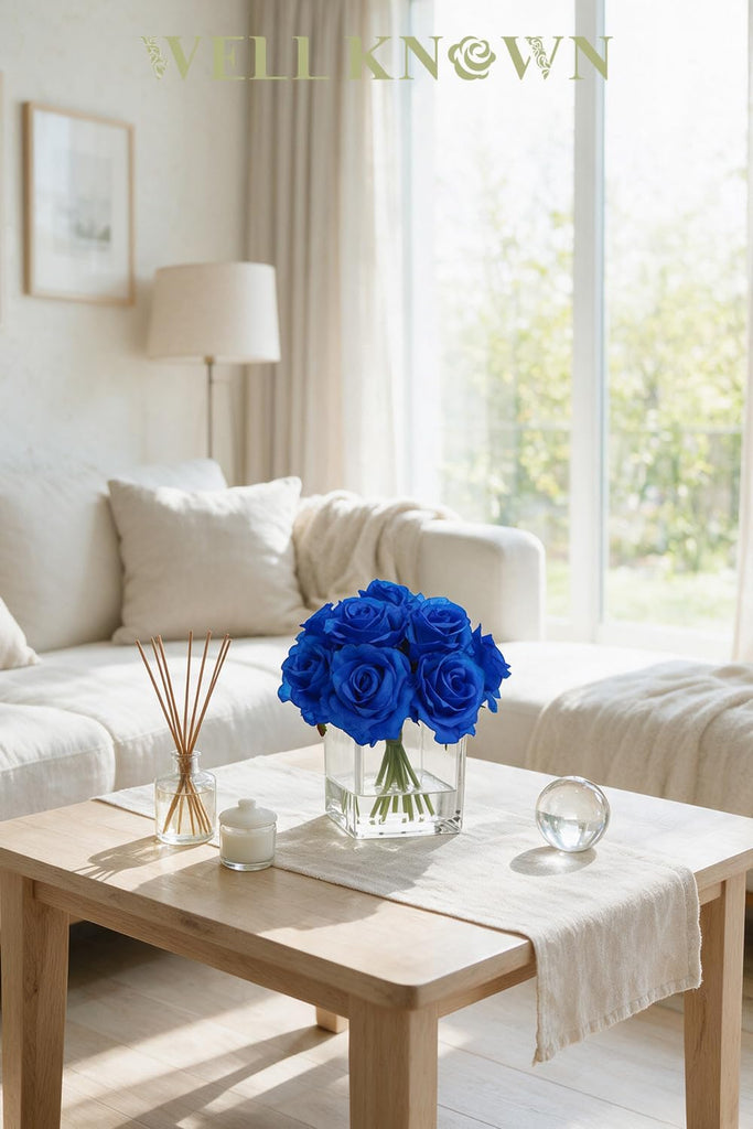 Artificial Royal Blue Rose Flowers in Cube Vase with Faux Water