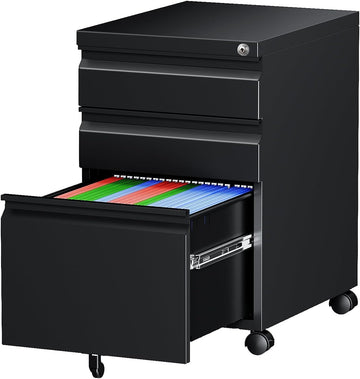 3 Drawer Mobile File Cabinet with Lock, Under Desk Metal Rolling Filing Cabinets Organizer Letters/Legal/A4 (Black