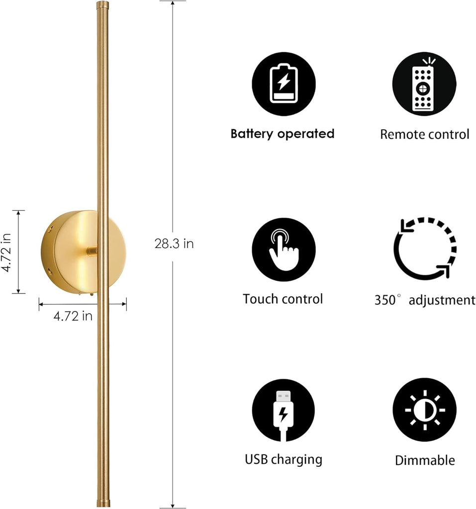 Battery Operated Wall Sconces with Remote Control, Dimmable Wall Sconces Set of Two, 350°Rotate, 3000K LED Gold