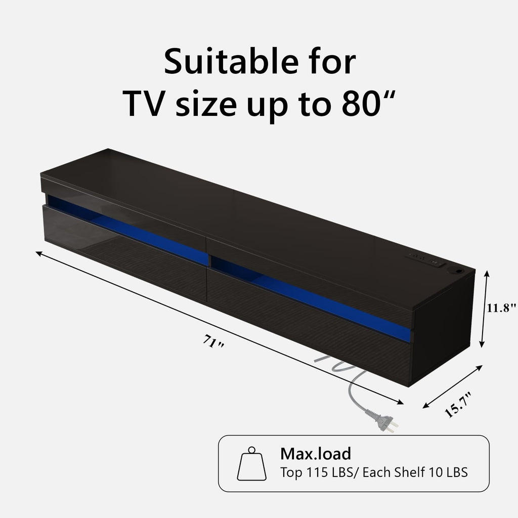 Solid Wood Floating TV Stand with LED Lighting & Power Outlet, 71" High-Gloss Entertainment Center Wall Mounted with