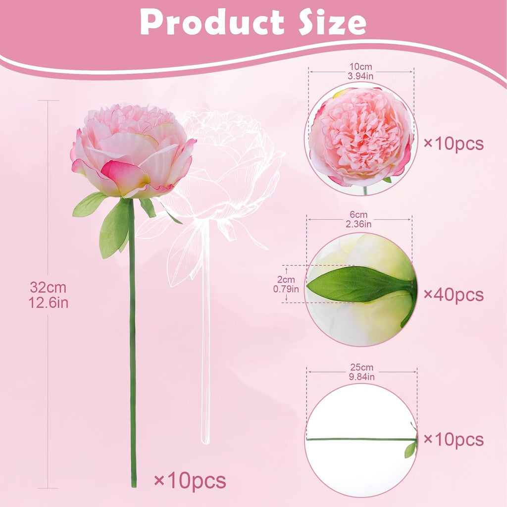 Deep Pink Realistic Silk Peonies Bouquet, Waterproof & UV Resistant Faux Peony Flowers, All-Weather Artificial - Set of 10