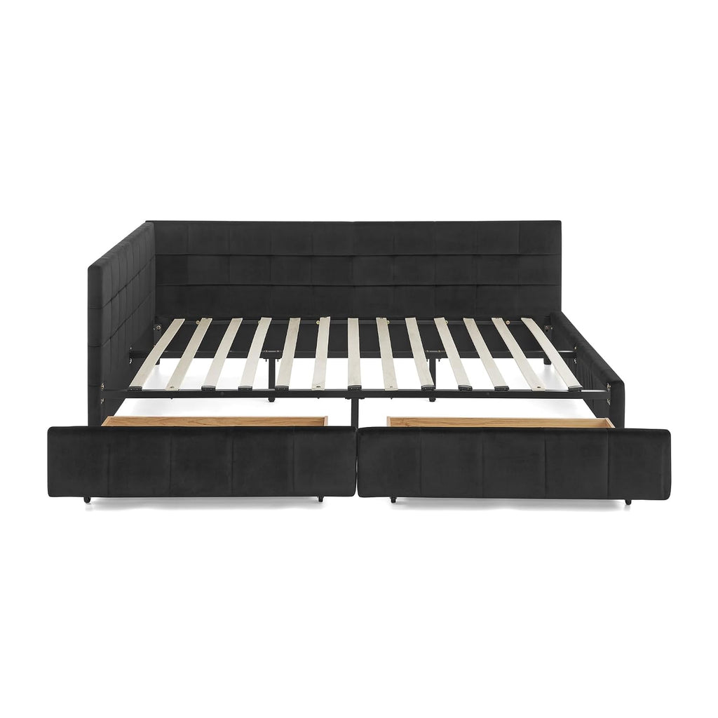 Queen Size Daybed with Storage Drawers, Velevet Upholstered Day Bed Frame with Tufted Backrest and Armrests,Solid