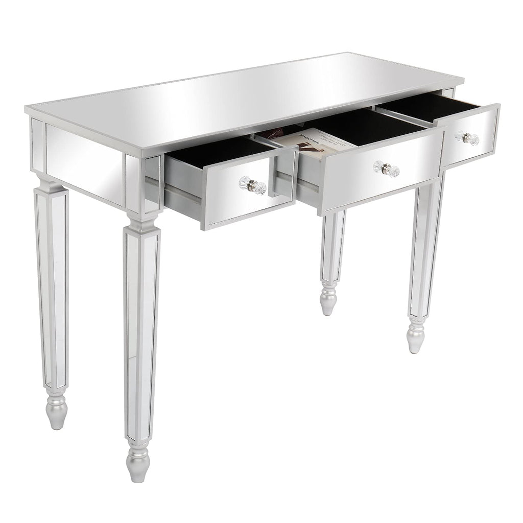 Mirrored Console Table Makeup Vanity Table Dressing Desk with 3 Drawer, 41" Silver Sofa Table Modern Glass Accent